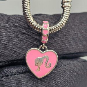SILVER 925 PINK BARBIE DANGLE HEART CHARM